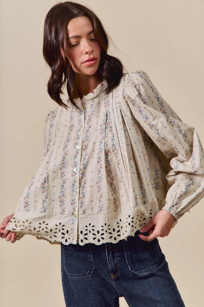 SO ME Floral Print Lace Button Down Shirt