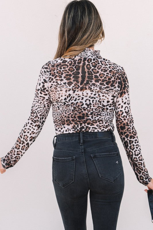 Leopard Mesh Smocked Neck Long Sleeve Bodysuit