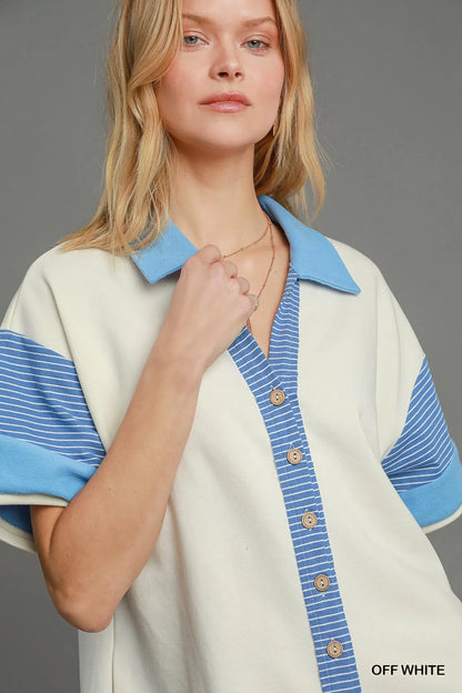 Umgee French Terry Collared Colorblock Romper in Off White