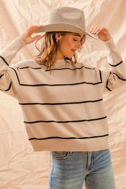 SO ME Stripe Crew Neck Basic Essential Sweater