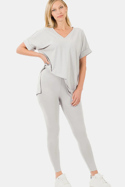 Zenana V-Neck Rolled Short Sleeve T-Shirt and Leggings Lounge Set in Cement