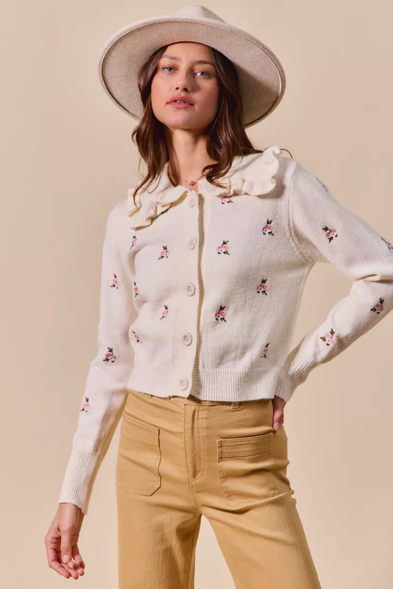 SO ME Collared Floral Embroidered Button Down Sweater Cardigan