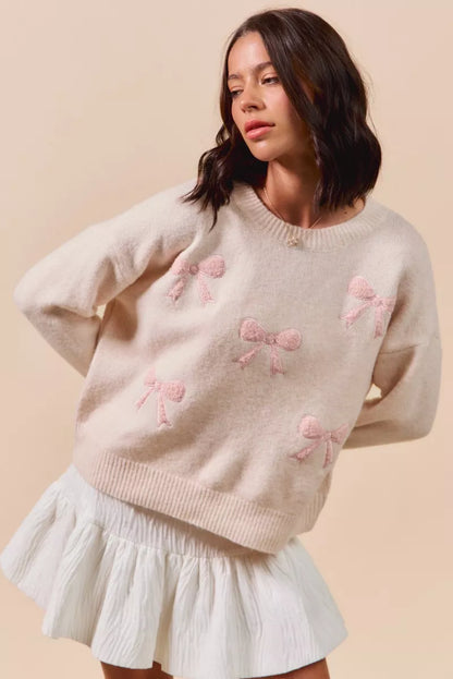 SO ME Embroidered Ribbon Round Neck Sweater