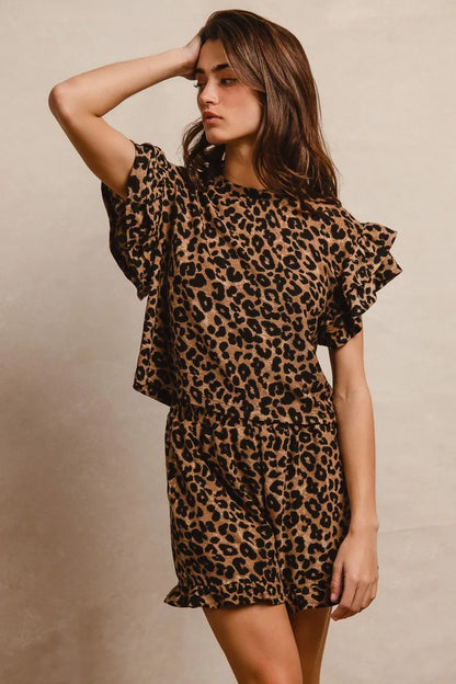 BiBi Leopard Print Waffle Texture Layered Ruffle Sleeve Top and Shorts Set
