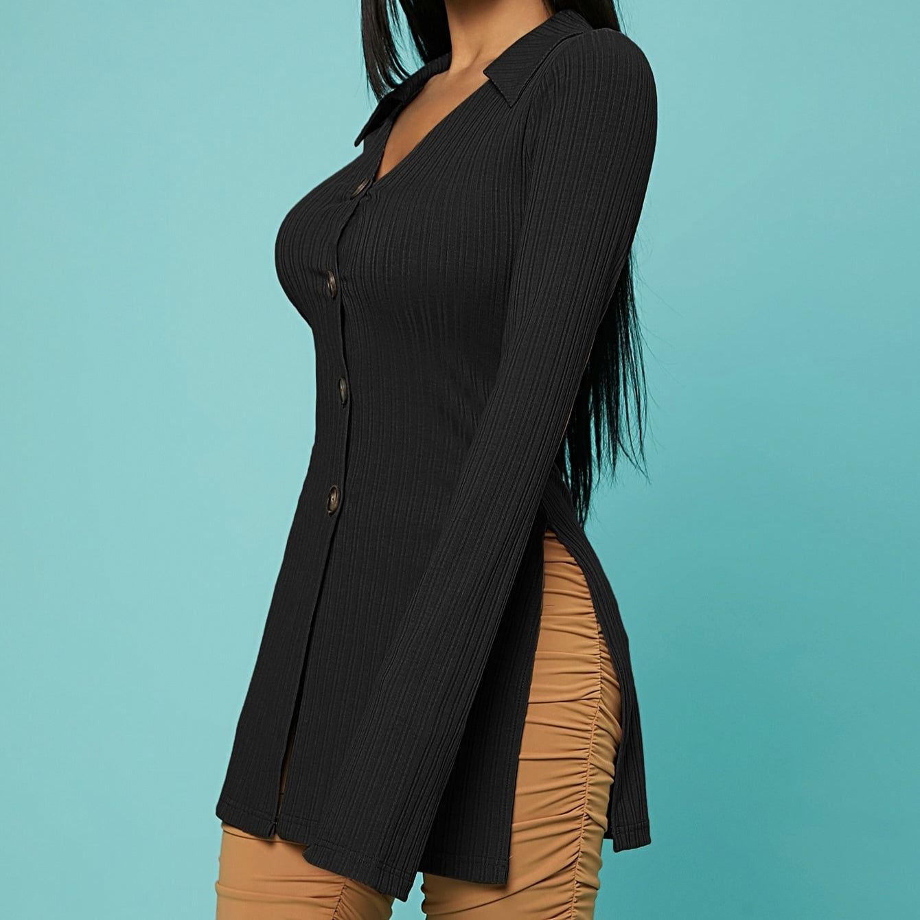 V-Neck Ribbed Knit Button Top