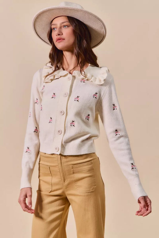 SO ME Collared Floral Embroidered Button Down Sweater Cardigan
