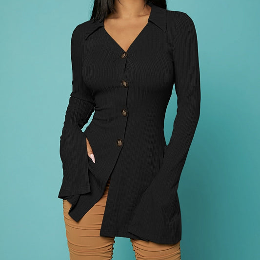 V-Neck Ribbed Knit Button Top