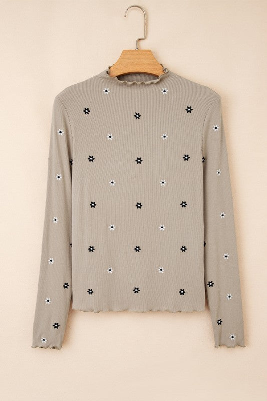 Floral Ribbed Embroidered Long Sleeve Top
