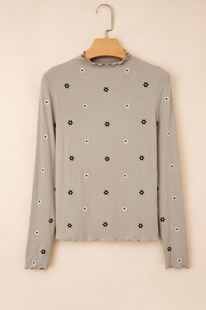 Floral Ribbed Embroidered Long Sleeve Top