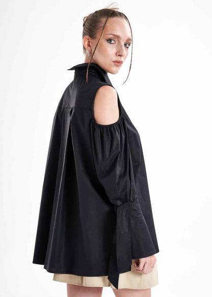 Quarta Open Shoulders Black Premium Poplin Shirt