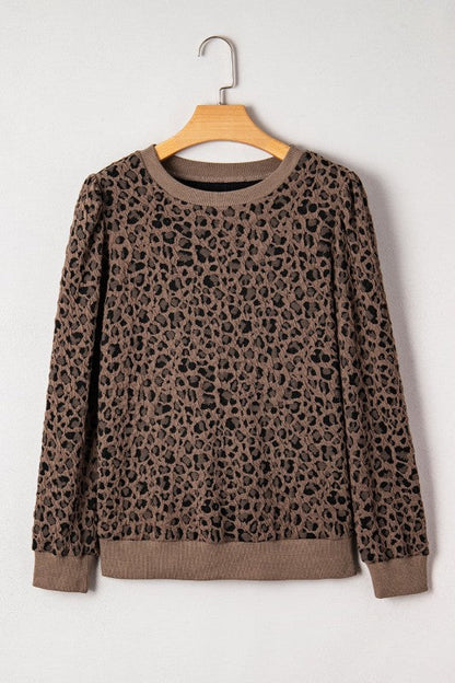 Leopard Ribbed Trim Long Sleeve Top