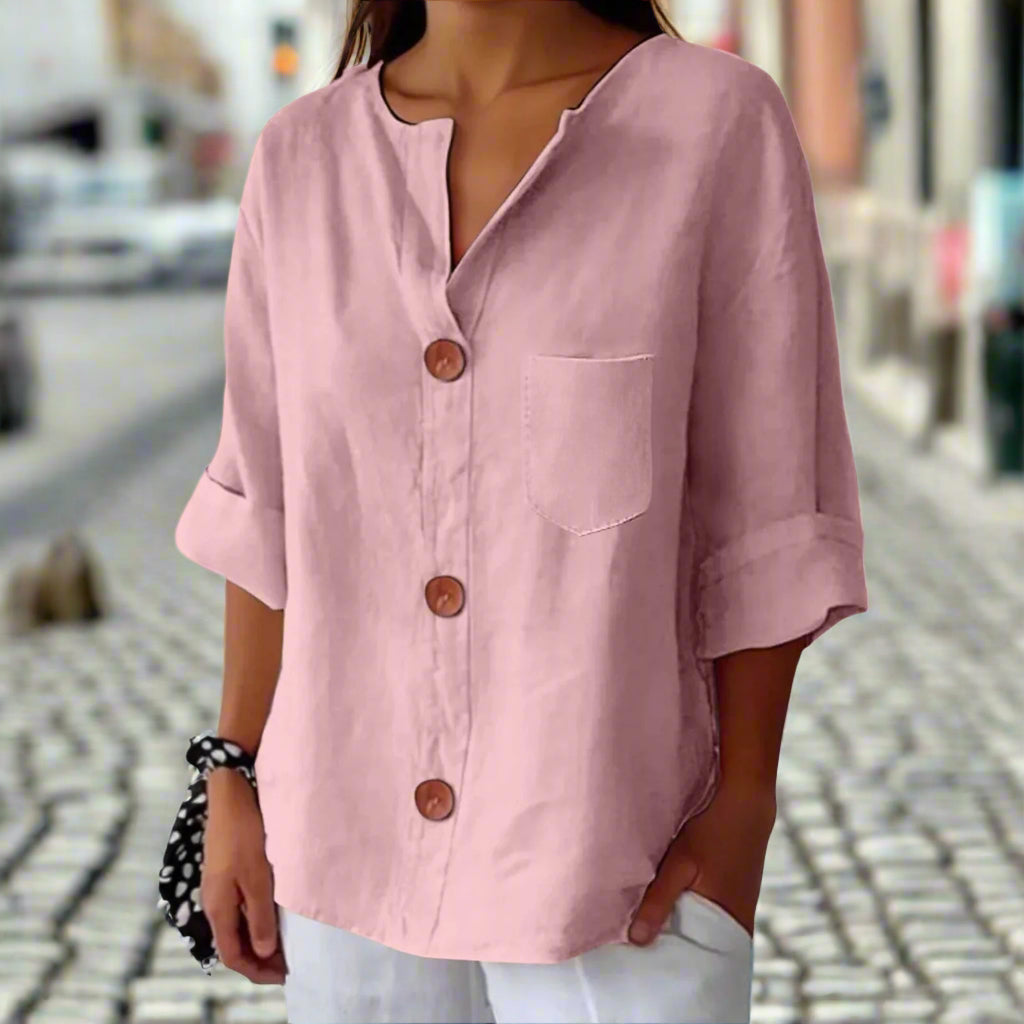 Women’s Loose V Neck T Shirt – Cotton Linen Button Top