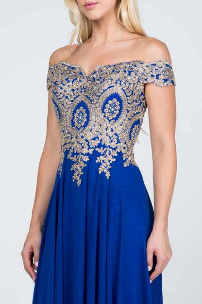 La Scala Off Shoulder Chiffon Gown with Lace Appliques