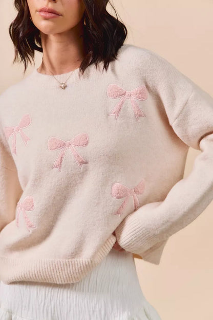 SO ME Embroidered Ribbon Round Neck Sweater