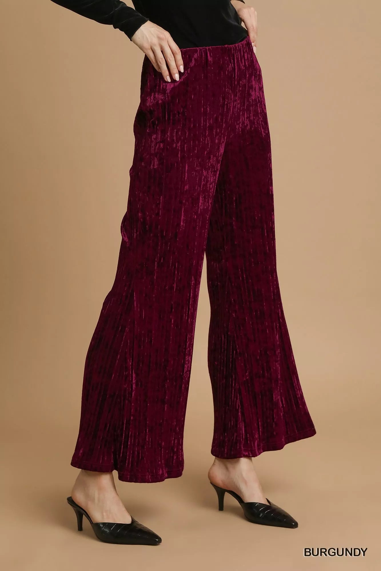 Umgee Velvet Pleated Wide Leg Pants