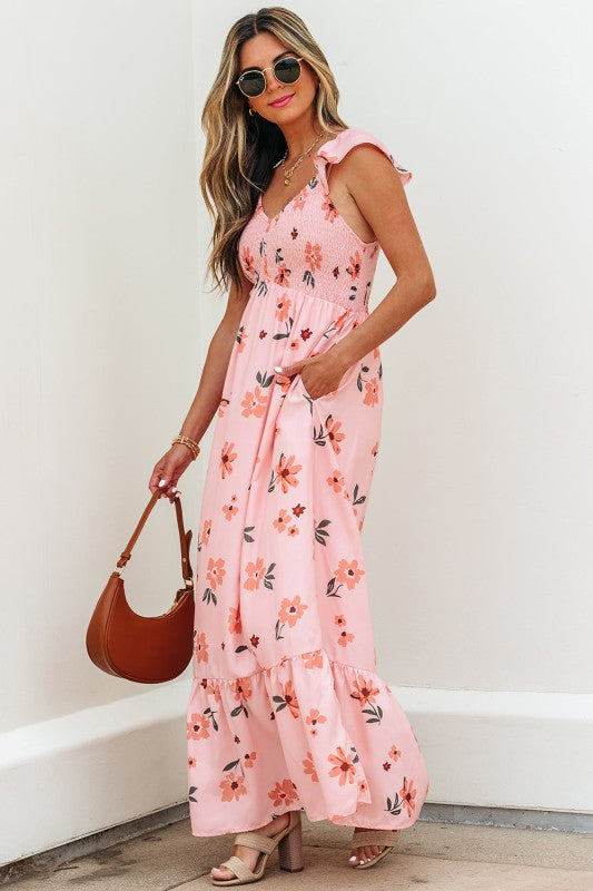 Clare Floral High Waist Ruffle Hem Long Dress
