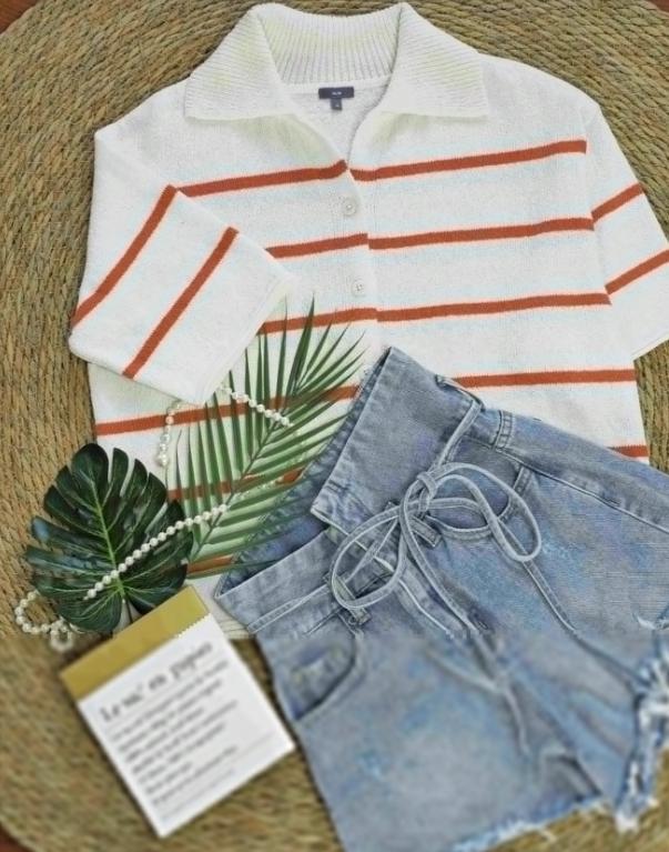 Women’s Knit Button Cardigan with Striped Short Sleeves