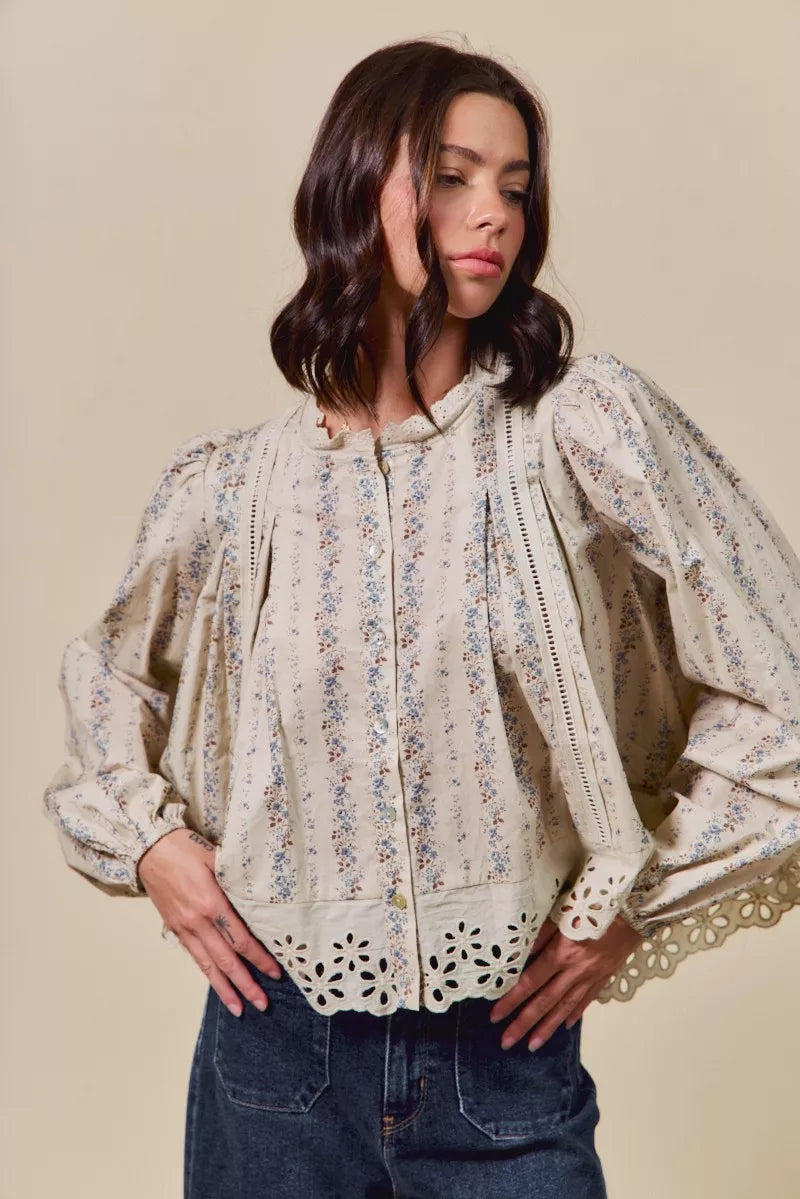 SO ME Floral Print Lace Button Down Shirt