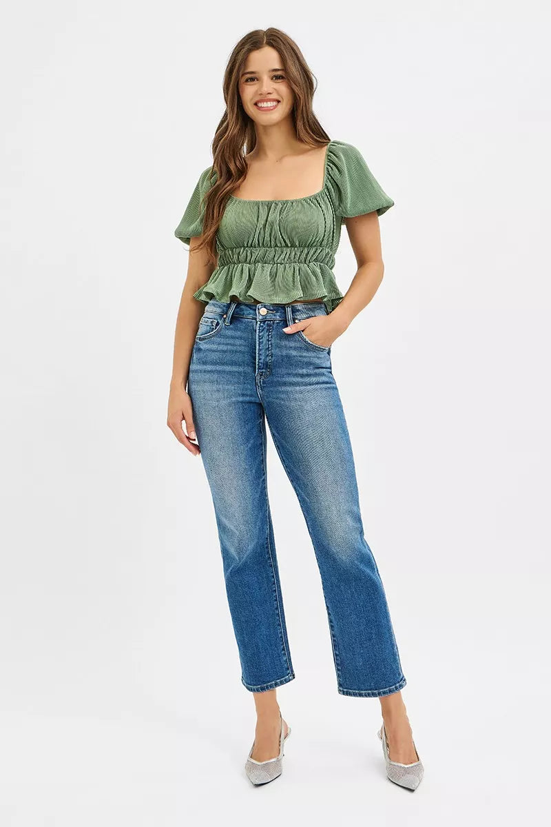 RISEN Tummy Control High Rise Crop Straight Jeans