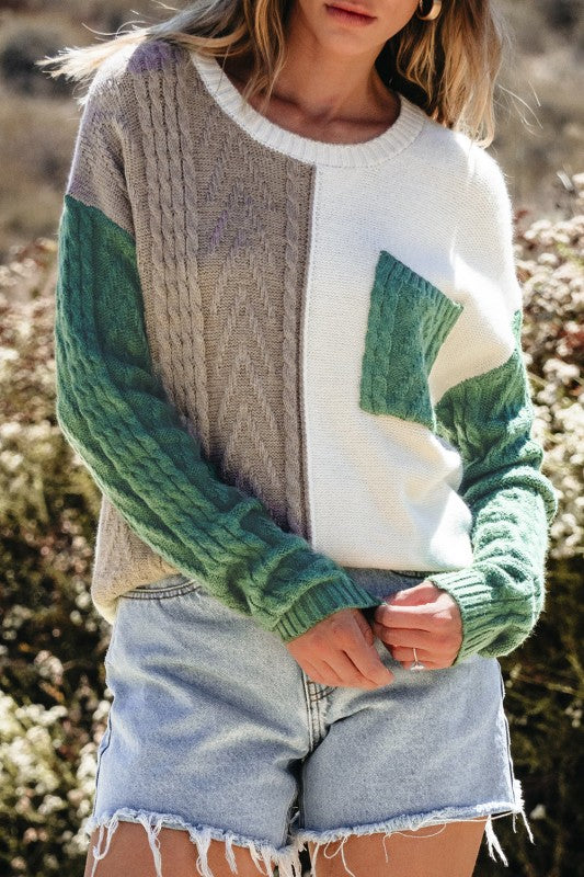 Colorblock Patch Pocket Drop Shoulder Sweater