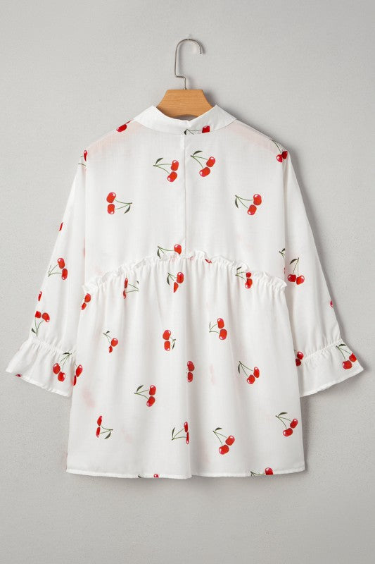 Cherry Frilled Collar 3/4 Sleeve Babydoll Blouse