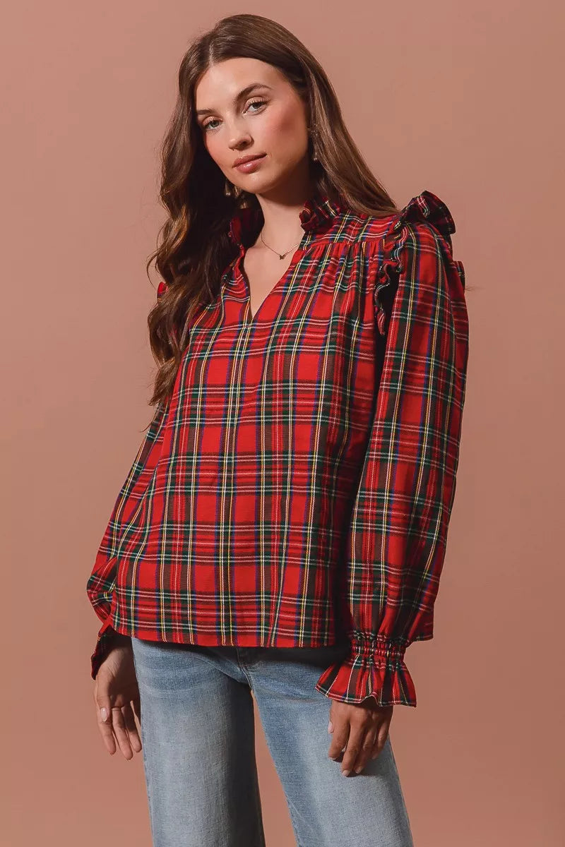 SO ME Christmas Checkered Plaid Smocked Blouse