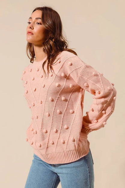 SO ME Pom Pom Textured Knit Sweater Top