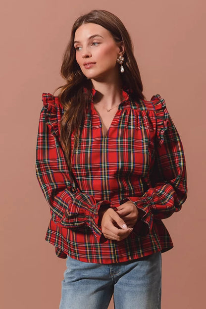 SO ME Christmas Checkered Plaid Smocked Blouse