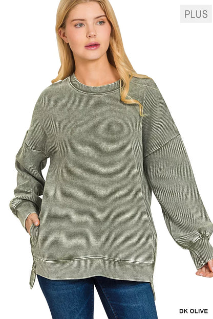 Zenana Full Size Acid Washed Double Ribbed Hi-low Sweatshirt Plus Size in Olive