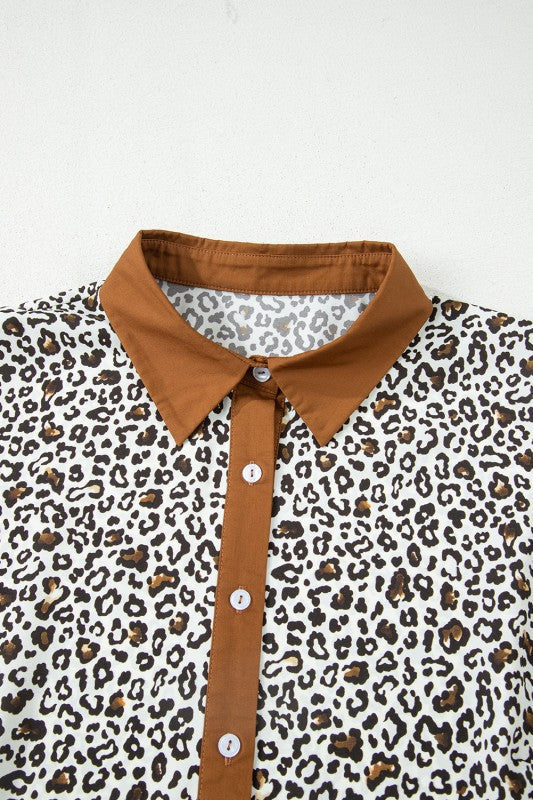 Plus Size Leopard Half-Button Collared Puff Sleeve