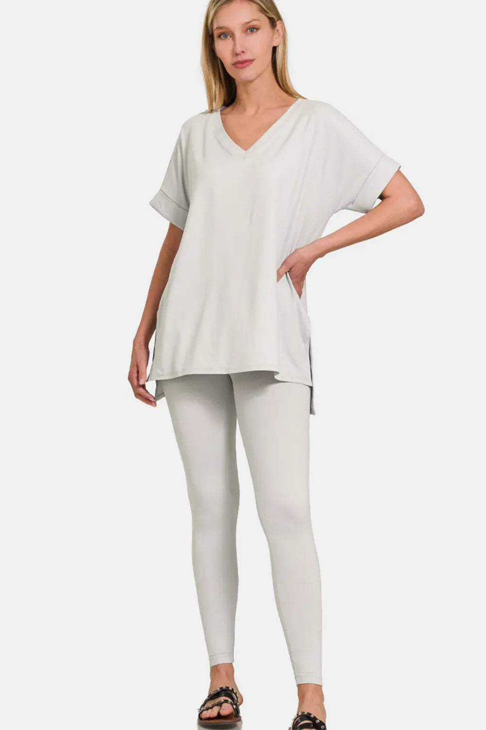 Zenana V-Neck Rolled Short Sleeve T-Shirt and Leggings Lounge Set in Cement