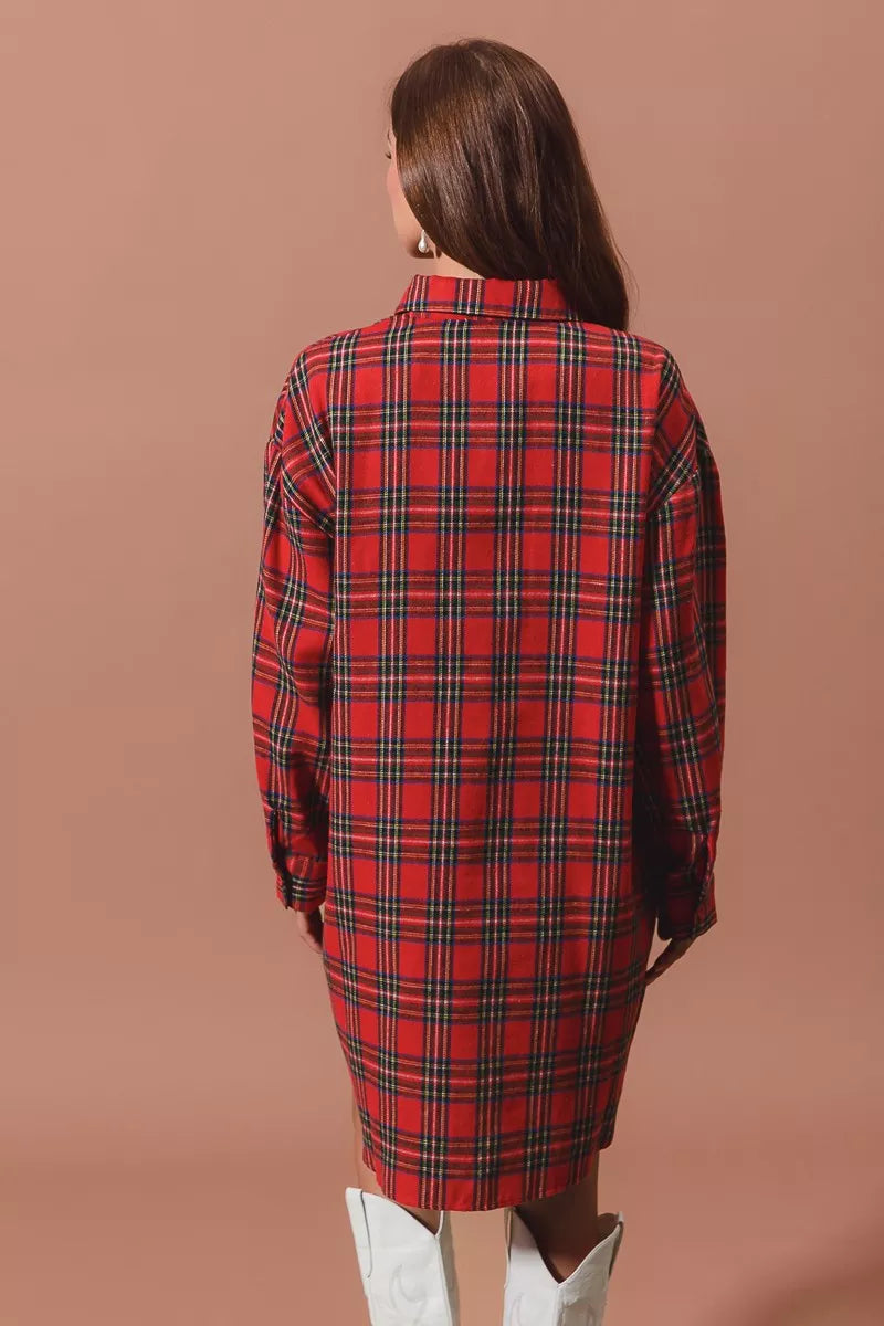 SO ME Christmas Checker Plaid Button Up Shirt Dress