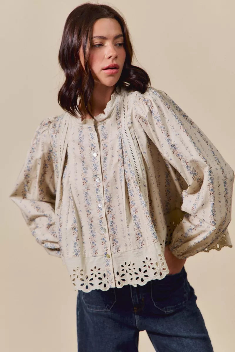 SO ME Floral Print Lace Button Down Shirt