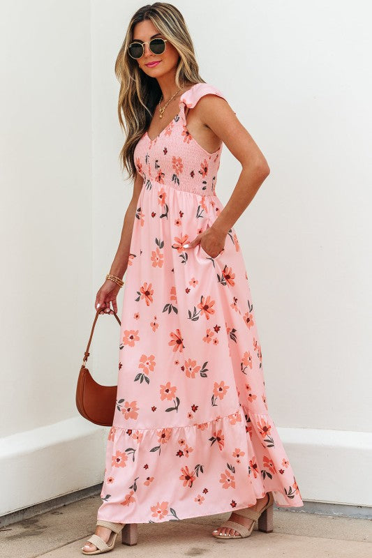 Clare Floral High Waist Ruffle Hem Long Dress