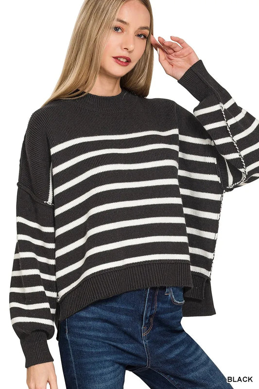 Zenana Exposed Seam Striped Oversized Sweater in Black