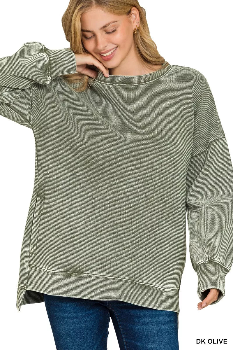 Zenana Full Size Acid Washed Double Ribbed Hi-low Sweatshirt Plus Size in Olive