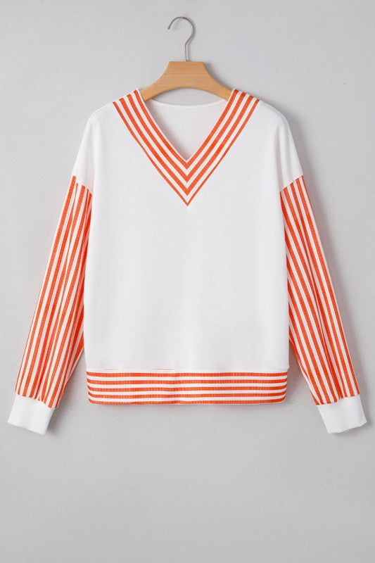Stripe Patchwork V-Neck Drop Shoulder Top