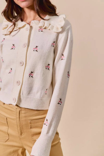 SO ME Collared Floral Embroidered Button Down Sweater Cardigan