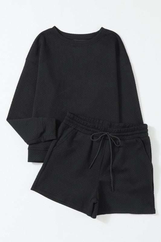 Textured Long Sleeve Top and Drawstring Shorts Set