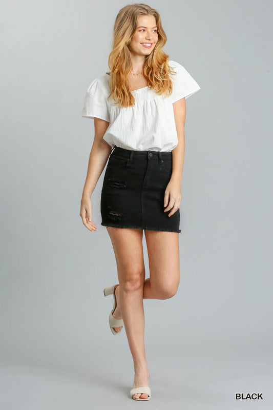 Umgee Distressed Raw Hem High Waist Denim Skirt
