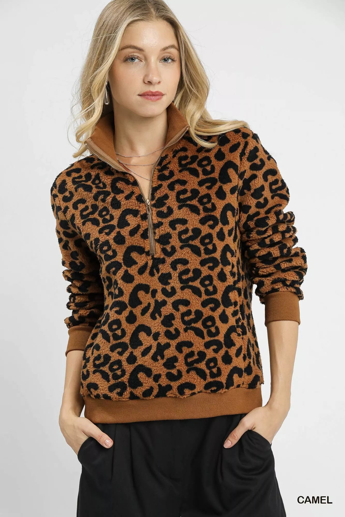 Umgee Leopard Print Quarter-Zip Sweatshirt
