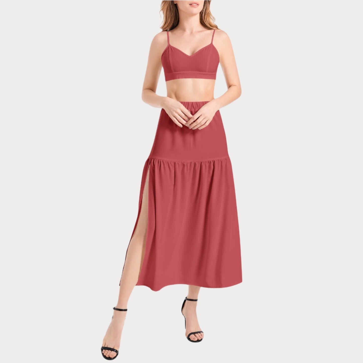 Brooklyn Republic™ Cranberry Rouge Bralette Top and High Slit Thigh Skirt