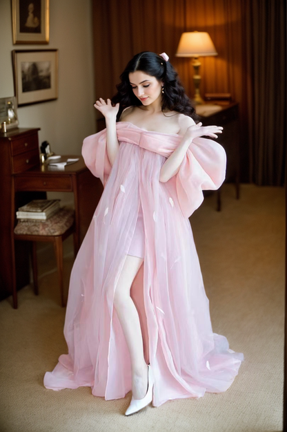 Blush Pink Sheer Bow-Tie Robe Dress – Romantic Elegance