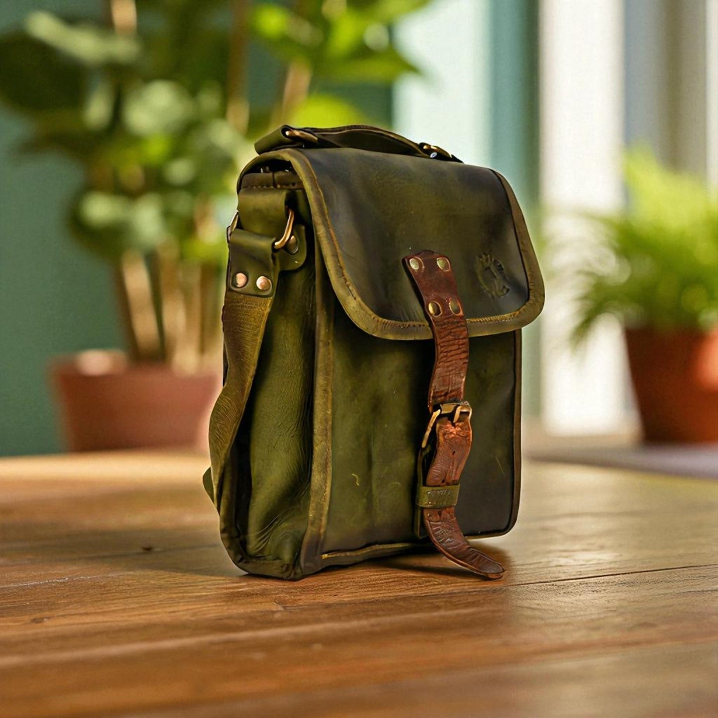Bovine Leather Small Satchel Bag - Olive
