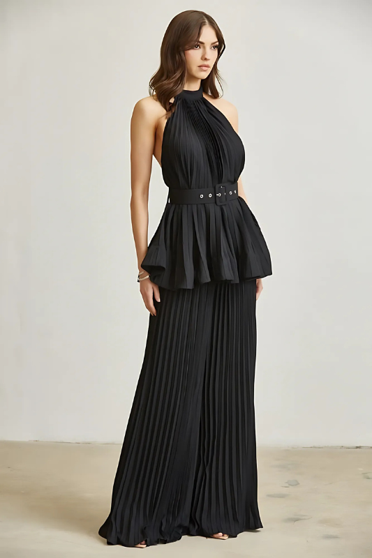 Midnight in Monaco Chiffon Pleated Pant Set - Lolomo!