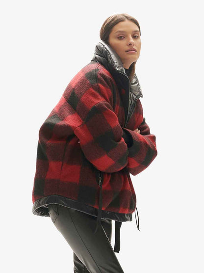 Reversible Wool Half Zip Puffer - Black Plaid