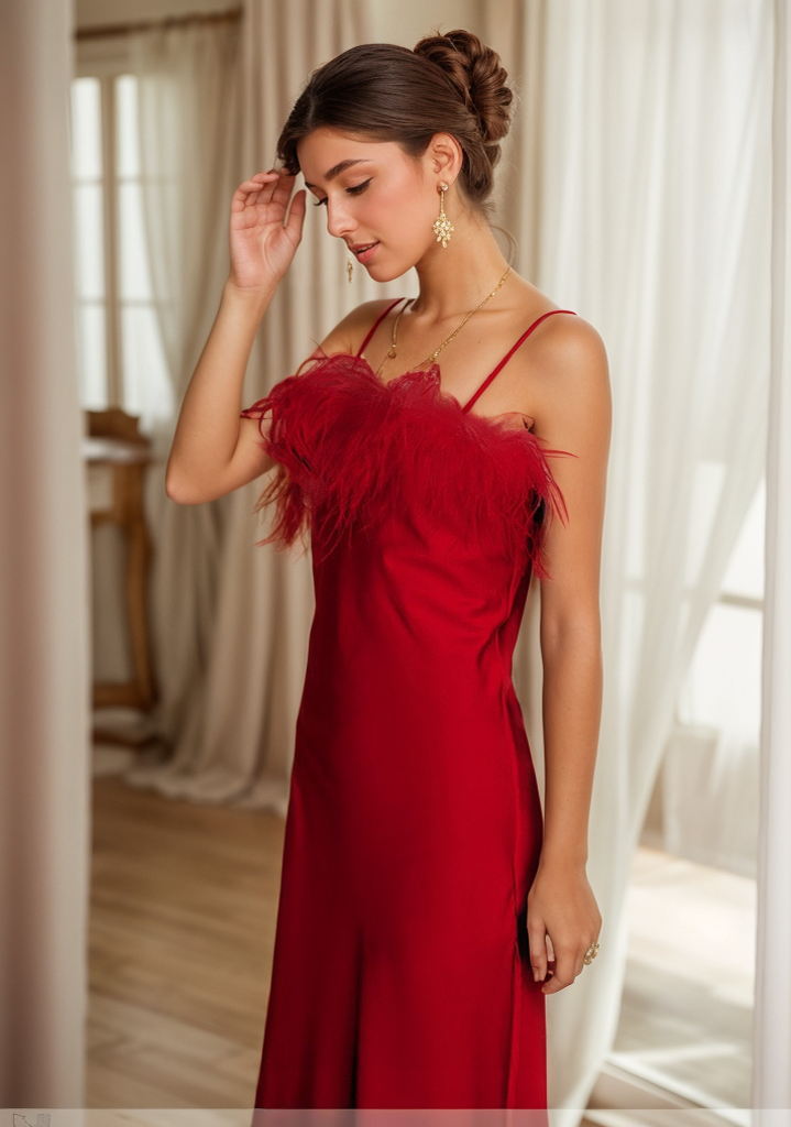 Luxury Ostrich Feather Silky Satin Long Nightgown