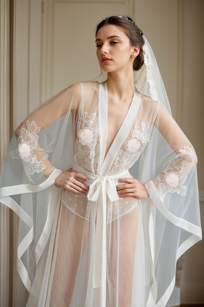 Elegant Sheer Lace Bridal Robe with Floral Embroidery and Satin Tie