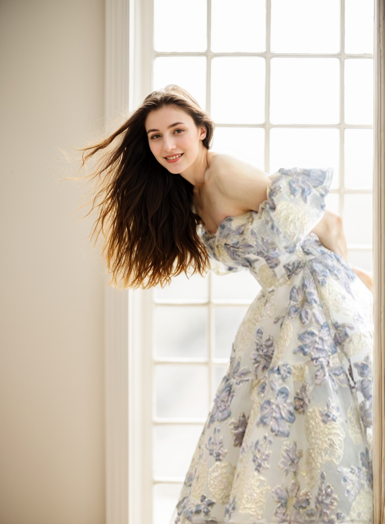 Elora - embroidery golden blue floral pattern off-the-shoulder Princess Prom Dress