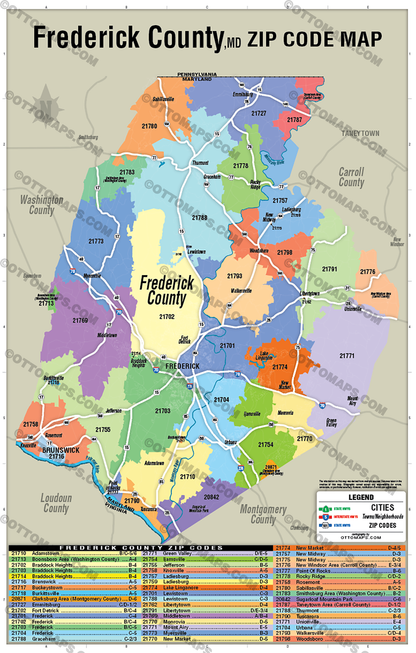 Frederick County Zip Code Map, MD - POSTER PRINTS